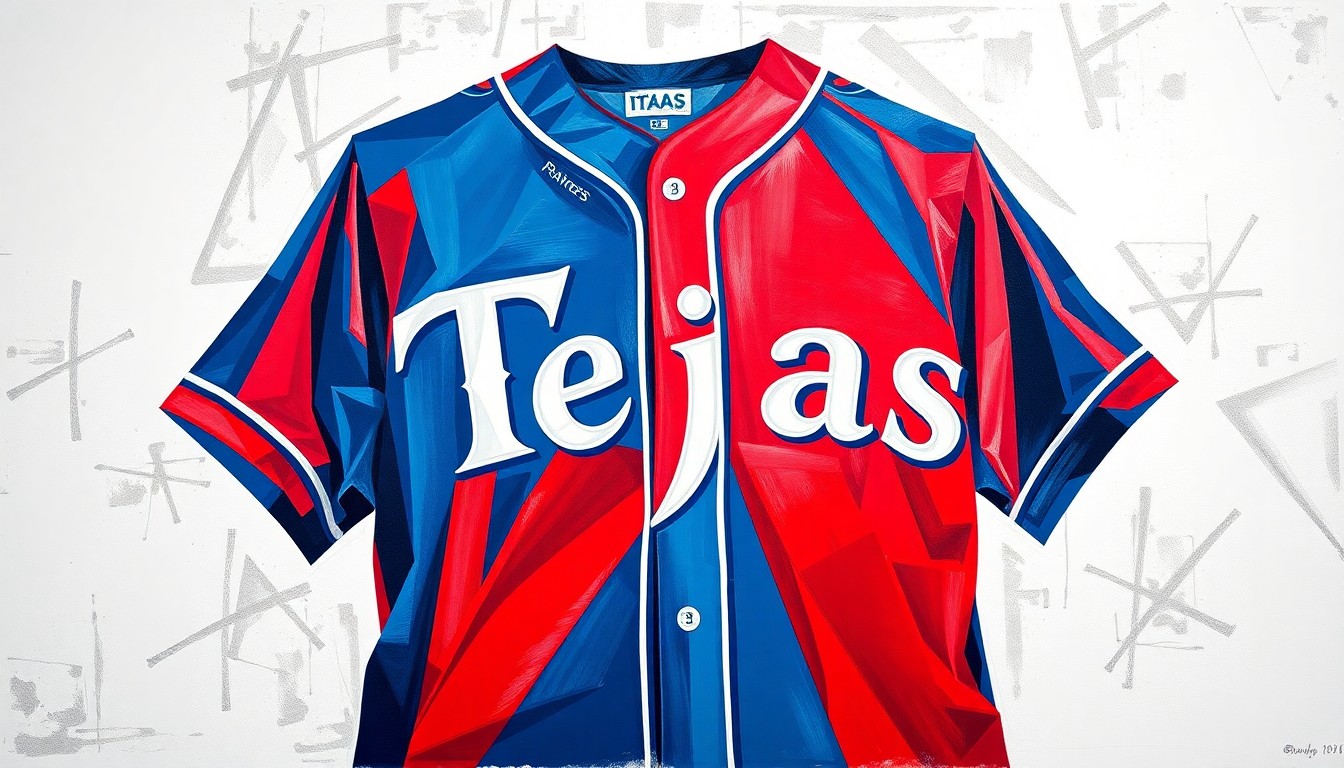 A cubist, geometric painting depicting the new Texas Rangers baseball jersey in a fractured, multi-perspective style, with bold red, blue, and white shapes overlapping to create an abstract, artistic representation of the uniform
