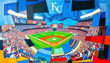A cubist-style painting depicting a fragmented baseball stadium scene with sharp geometric shapes in the Royals