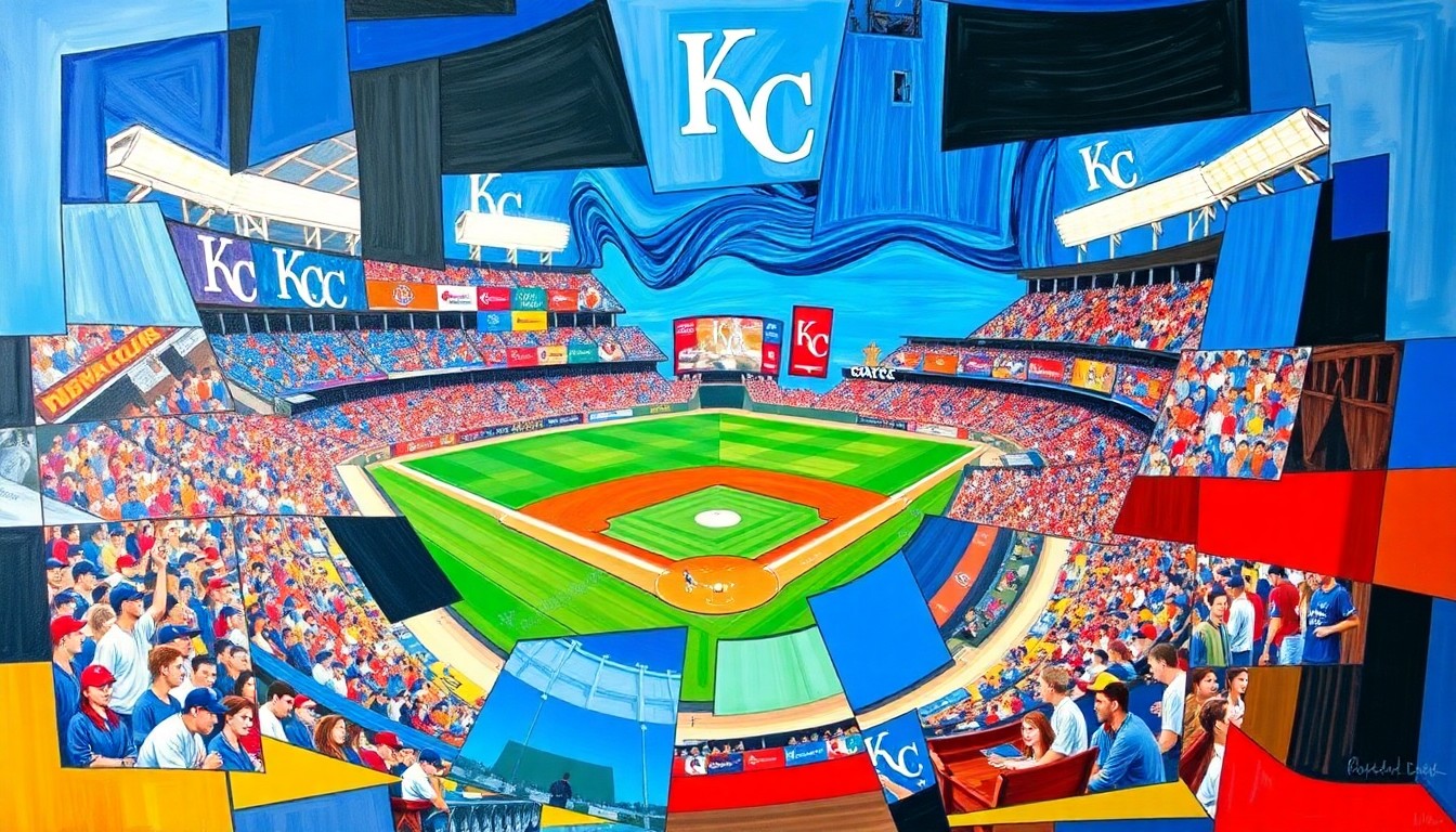 A cubist-style painting depicting a fragmented baseball stadium scene with sharp geometric shapes in the Royals