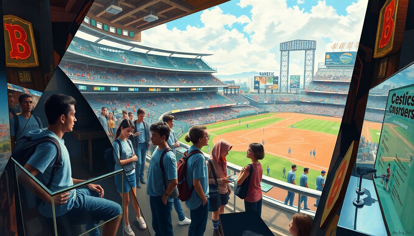 A cubist, geometric painting depicting students engaged with various technology exhibits and robotic demonstrations inside a baseball stadium, conceptually representing the hands-on learning opportunities provided at the Marlins