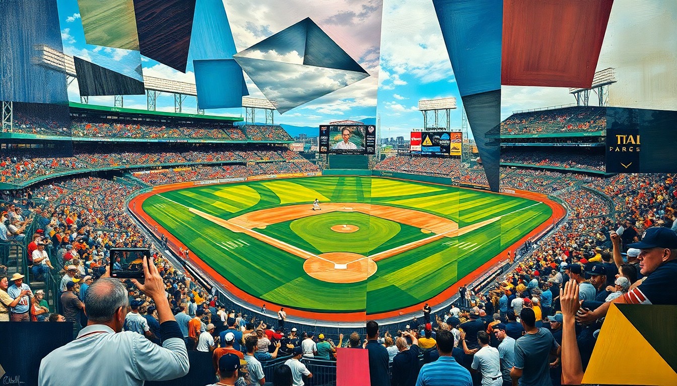 A fragmented, geometric painting depicting the motion and intensity of a baseball game, with overlapping shapes and planes representing the multifaceted nature of a major trade negotiation.