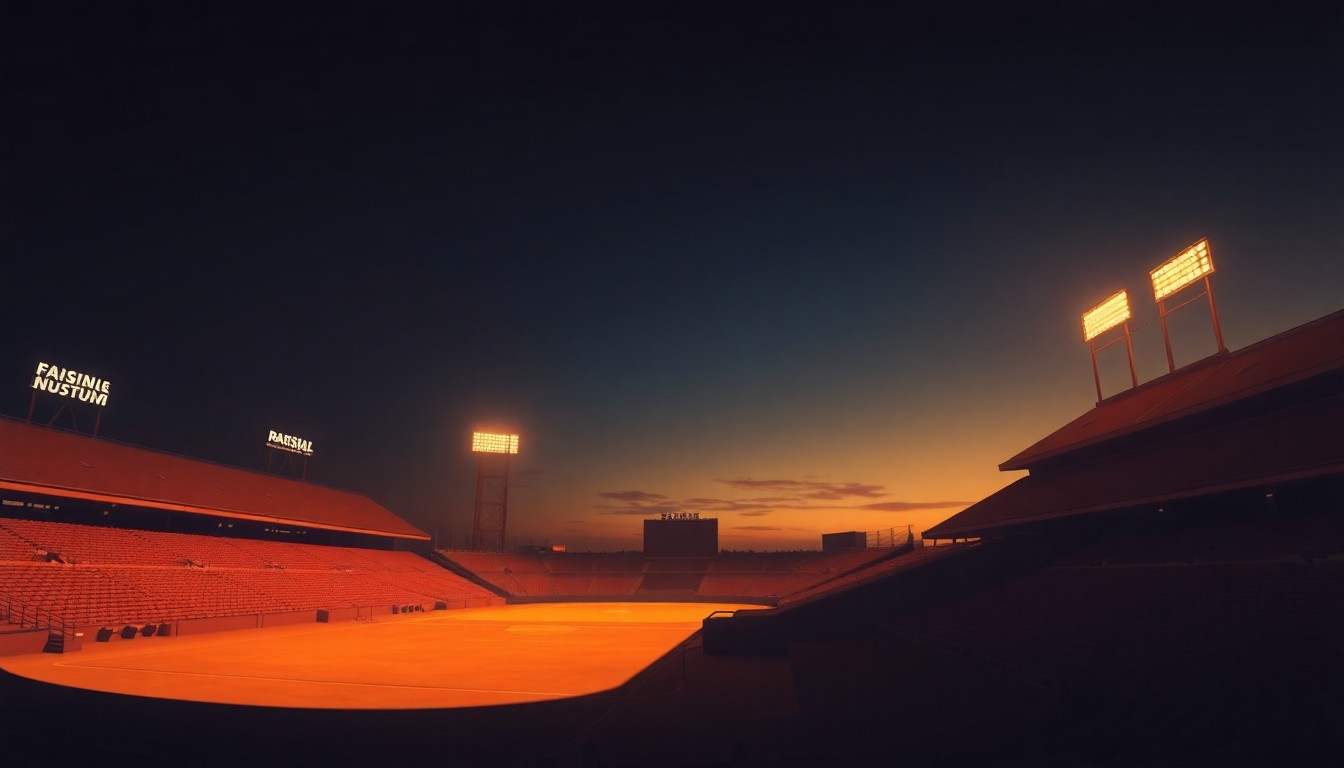 A serene, nostalgic painting of an empty baseball stadium at dusk, with warm light and deep shadows creating a contemplative, cinematic mood.