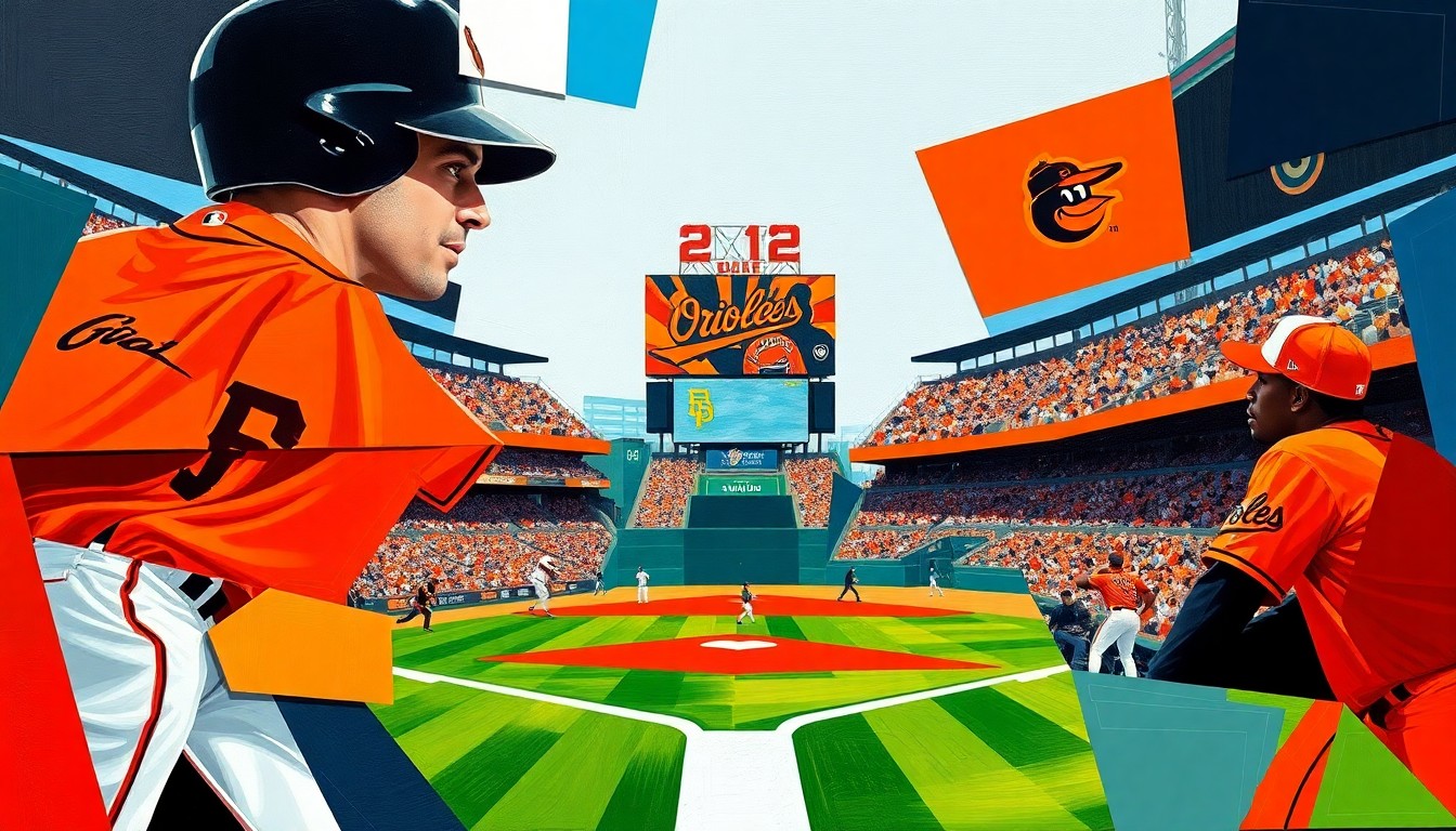 A cubist, geometric painting depicting a baseball game between the San Francisco Giants and Baltimore Orioles, with the players and field broken down into overlapping angular shapes and planes in vibrant colors.