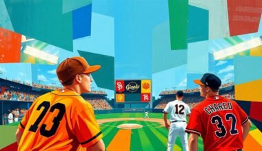A visually striking, abstract painting depicting a baseball game through a cubist lens, with sharp, overlapping shapes and planes of color representing the players and action on the field.