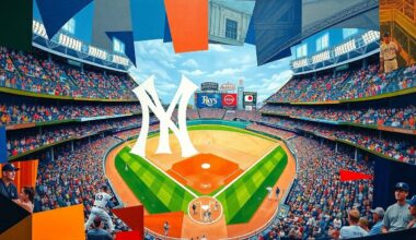 A fragmented, geometric painting depicting a baseball game between the New York Yankees and Tampa Bay Rays, with vibrant colors and sharp, overlapping shapes representing the dynamic action on the field.