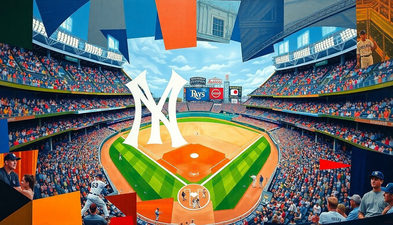 A fragmented, geometric painting depicting a baseball game between the New York Yankees and Tampa Bay Rays, with vibrant colors and sharp, overlapping shapes representing the dynamic action on the field.