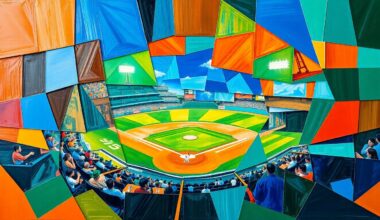 A cubist, geometric painting depicting a baseball game or match, with sharp, overlapping planes of color representing the action on the field and the team