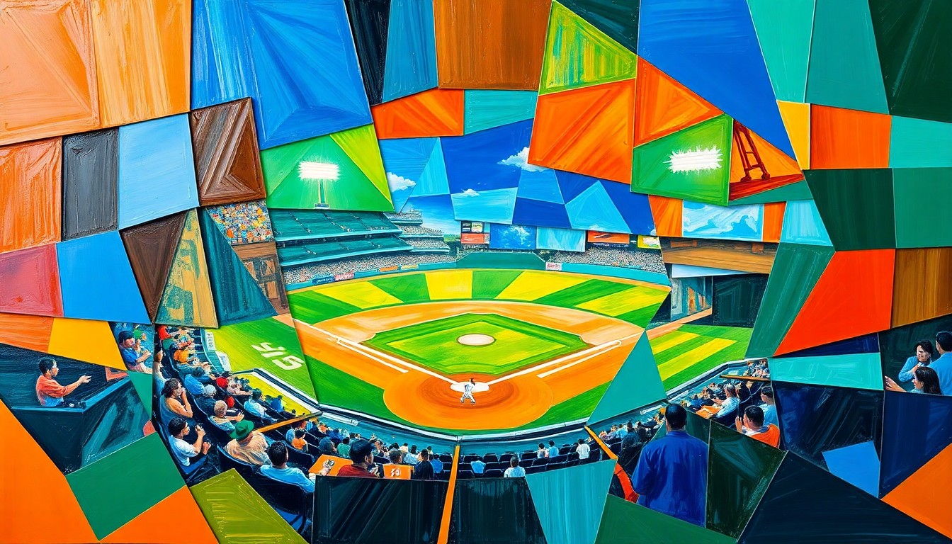 A cubist, geometric painting depicting a baseball game or match, with sharp, overlapping planes of color representing the action on the field and the team