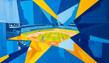 A fragmented, geometric painting depicting the motion and energy of a baseball game, with sharp planes of blue, navy, and gold representing the players and action on the field.