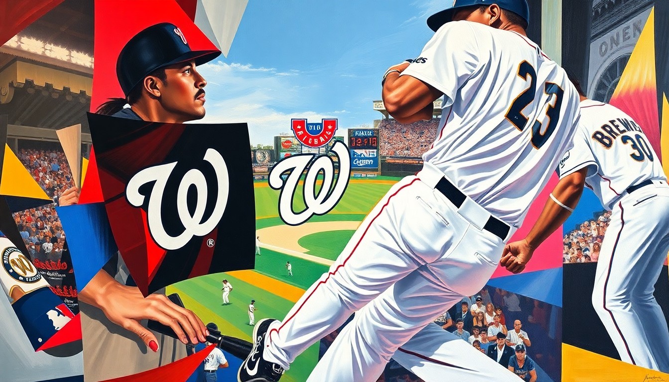 A fractured, geometric painting depicting a baseball game between the Washington Nationals and Milwaukee Brewers, with the players and field broken down into sharp, overlapping planes of vibrant colors.