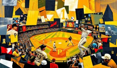 A cubist, geometric painting depicting the dynamic action of a baseball game, with the players and field broken down into sharp, overlapping planes of black, gold, and red - the official colors of the Pittsburgh Pirates.