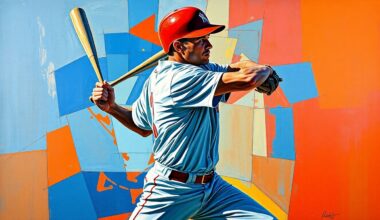 A cubist, geometric painting depicting a baseball player in the act of both batting and pitching, with sharp, overlapping planes of vibrant blue and red colors.