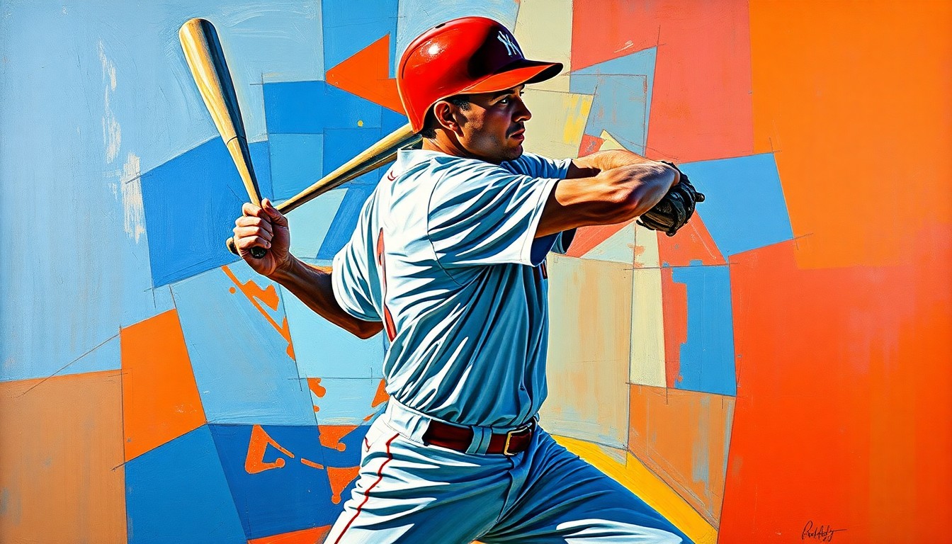 A cubist, geometric painting depicting a baseball player in the act of both batting and pitching, with sharp, overlapping planes of vibrant blue and red colors.