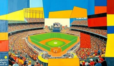 A cubist-style painting featuring overlapping geometric shapes and planes in shades of blue, red, and gold, conceptually representing a baseball stadium, players, and fans in a dynamic, abstract composition.