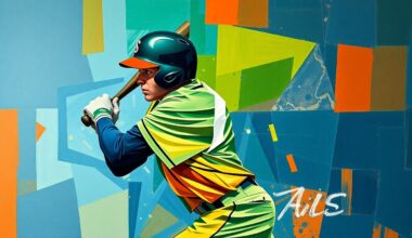 A cubist, geometric painting depicting the dynamic motion of a baseball player swinging a bat, with sharp, overlapping planes of color representing the fractured perspectives.