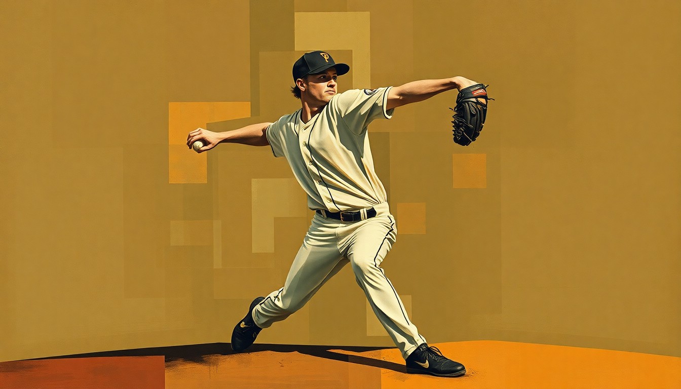 A fractured, geometric painting depicting a baseball pitcher