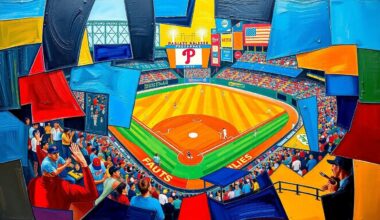 A fractured, geometric painting in vibrant colors depicting a baseball game, with overlapping planes and shapes representing the action on the field.