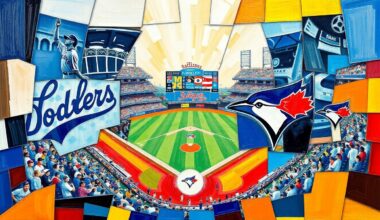 A fractured, cubist-style painting depicting a baseball game between the Los Angeles Dodgers and Toronto Blue Jays, with sharp geometric shapes and planes in the teams