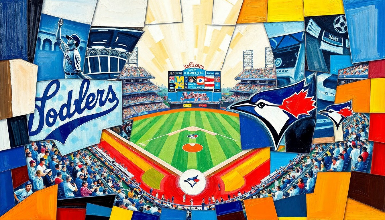 A fractured, cubist-style painting depicting a baseball game between the Los Angeles Dodgers and Toronto Blue Jays, with sharp geometric shapes and planes in the teams