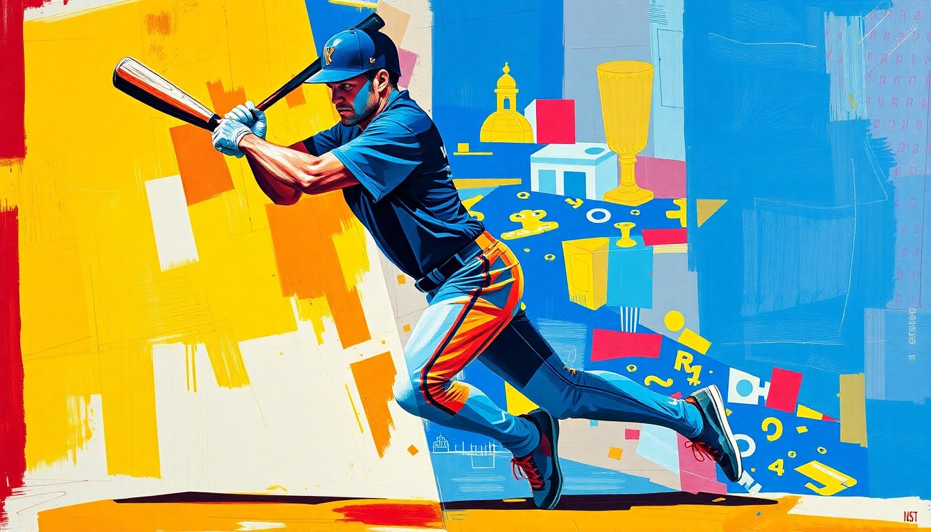 A cubist-style painting depicting a baseball player