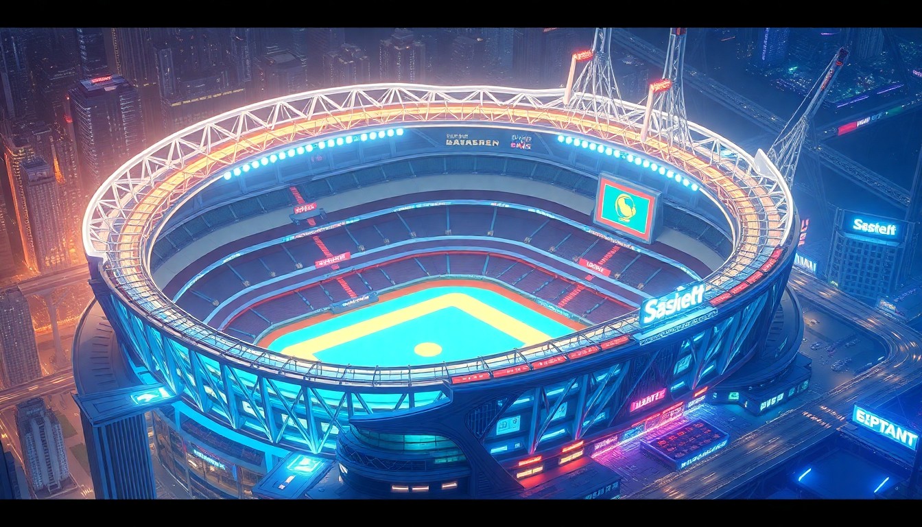 A highly detailed, glowing 3D illustration of a futuristic, neon-lit baseball stadium with sweeping architectural forms, intricate structural elements, and pulsing digital displays, surrounded by a vibrant, high-tech urban landscape.