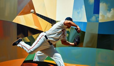 A cubist-style painting depicting a baseball pitcher