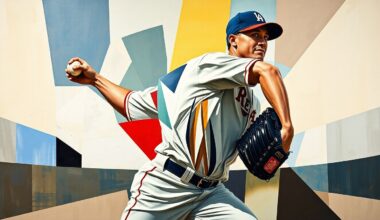 A fragmented, geometric painting depicting a baseball pitcher