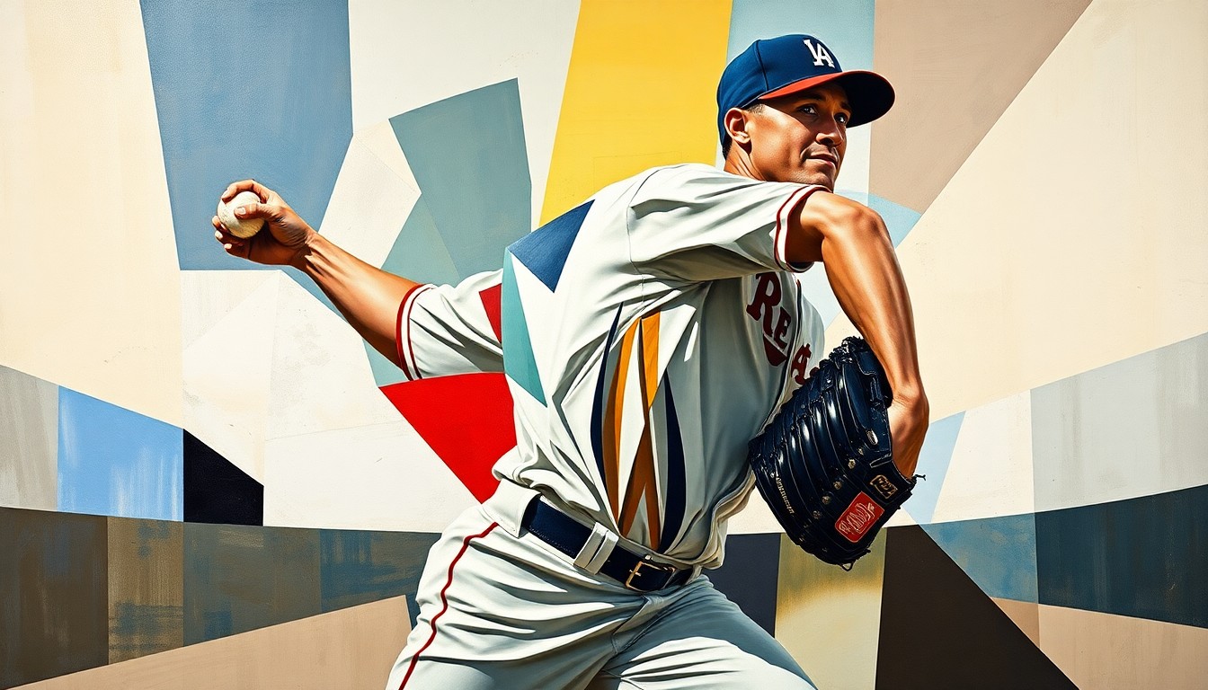 A fragmented, geometric painting depicting a baseball pitcher