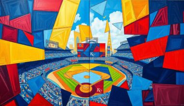A cubist-style painting featuring fragmented, geometric shapes in shades of blue, red, and gold, representing the dynamic interplay of a Kansas City Royals baseball game and the surrounding urban landscape.
