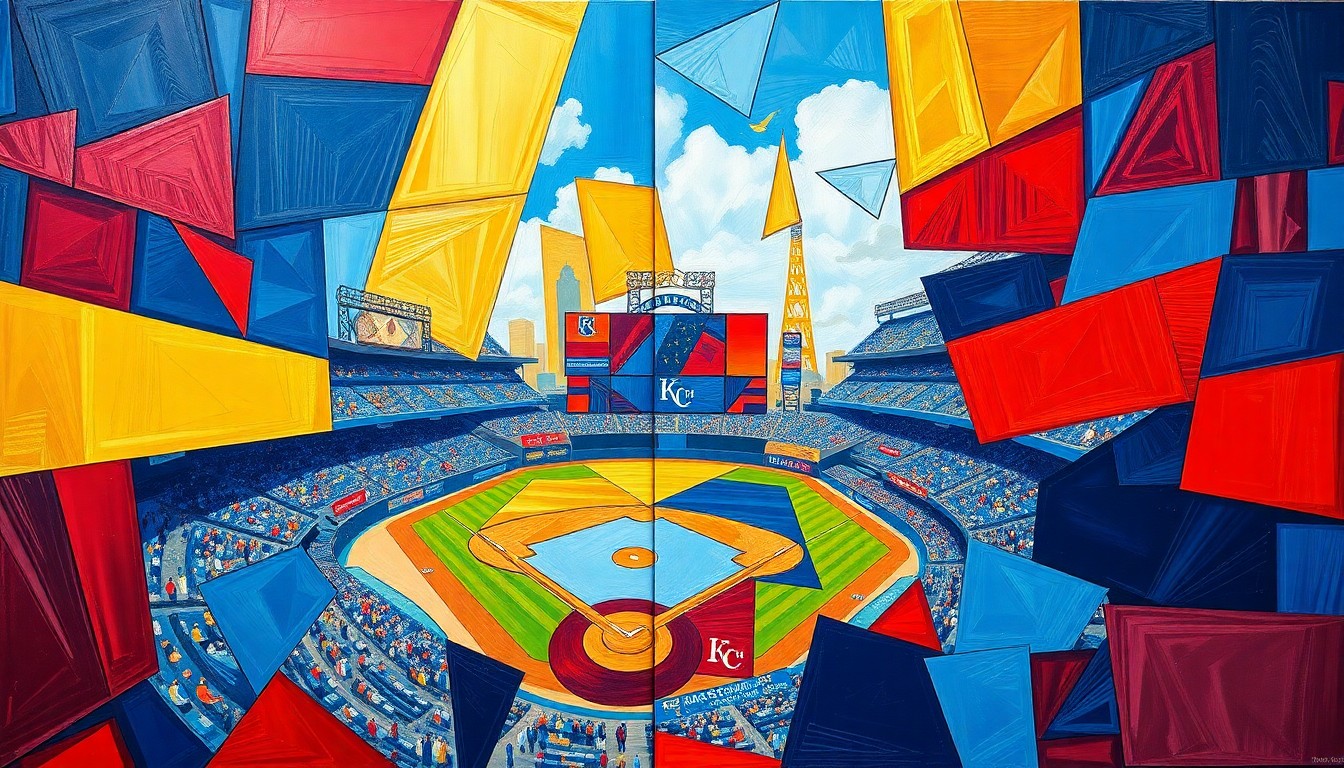 A cubist-style painting featuring fragmented, geometric shapes in shades of blue, red, and gold, representing the dynamic interplay of a Kansas City Royals baseball game and the surrounding urban landscape.