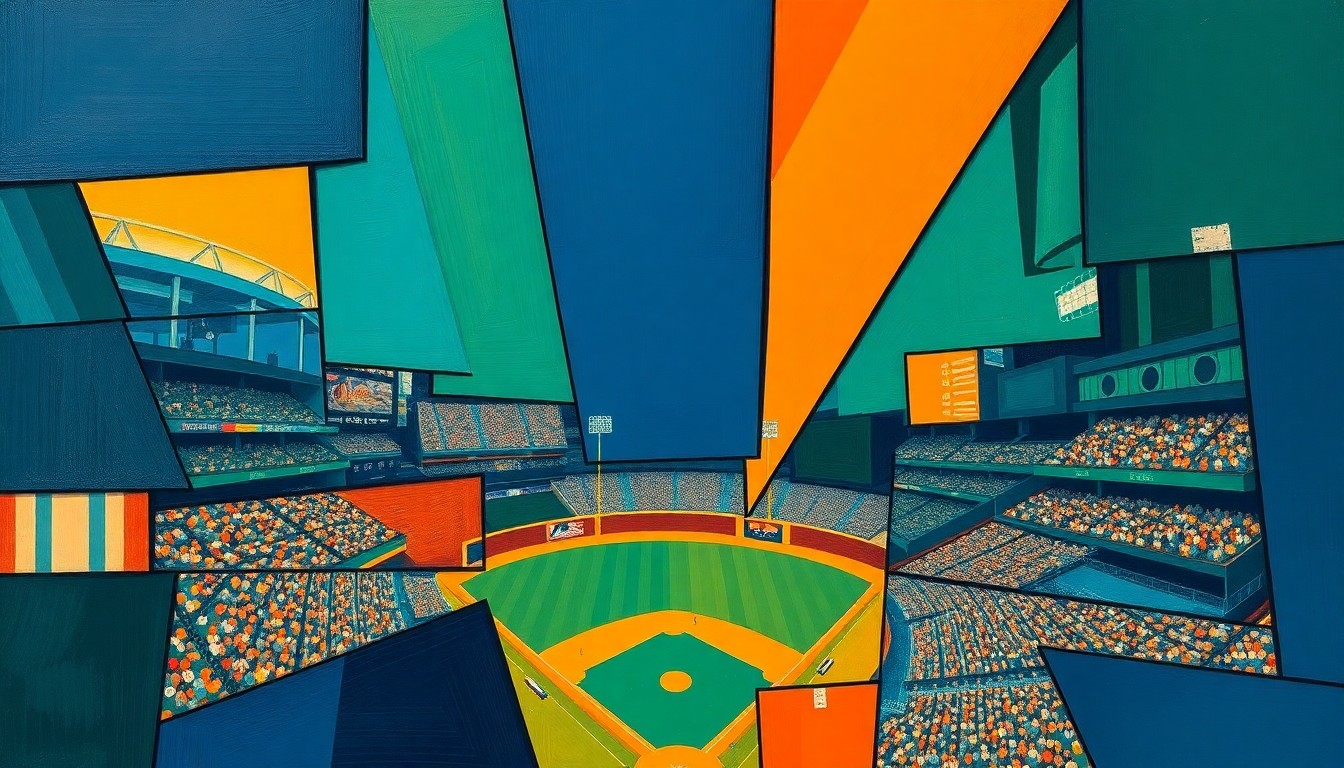 A fractured, geometric painting depicting a baseball stadium or game, with sharp, overlapping planes in navy blue, forest green, and burnt orange, conveying the financial intricacies of the Astros