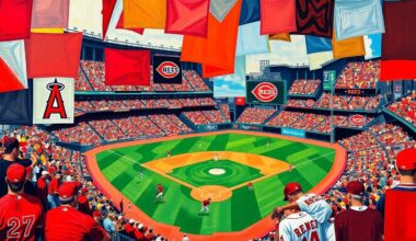 A fragmented, geometric painting depicting a baseball game in progress, with the players and field broken down into sharp, overlapping planes of color representing the uniforms of the Los Angeles Angels and Cincinnati Reds.