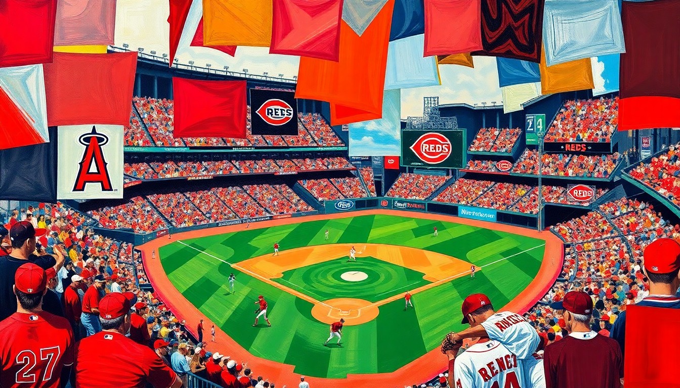 A fragmented, geometric painting depicting a baseball game in progress, with the players and field broken down into sharp, overlapping planes of color representing the uniforms of the Los Angeles Angels and Cincinnati Reds.