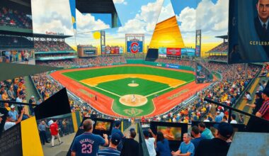 A fractured, multi-perspective painting depicting a baseball game or match, with sharp, overlapping geometric planes in shades of blue, red, and yellow, conceptually representing the enduring legacy of Jose Ramirez