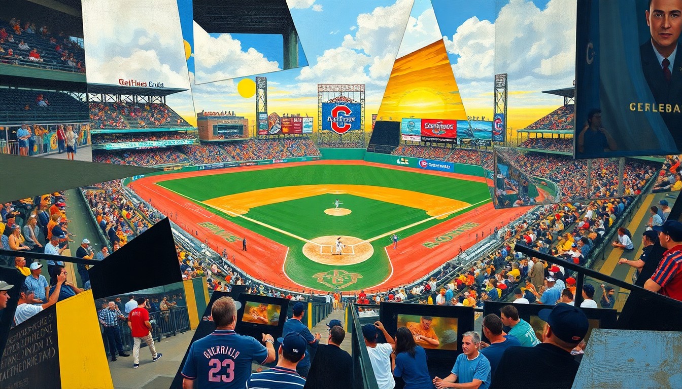 A fractured, multi-perspective painting depicting a baseball game or match, with sharp, overlapping geometric planes in shades of blue, red, and yellow, conceptually representing the enduring legacy of Jose Ramirez