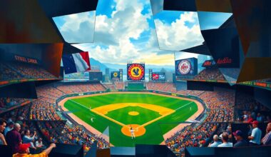 A cubist, geometric painting depicting a baseball game or match, with overlapping planes and shapes representing the different perspectives and dynamics at play in the Giants