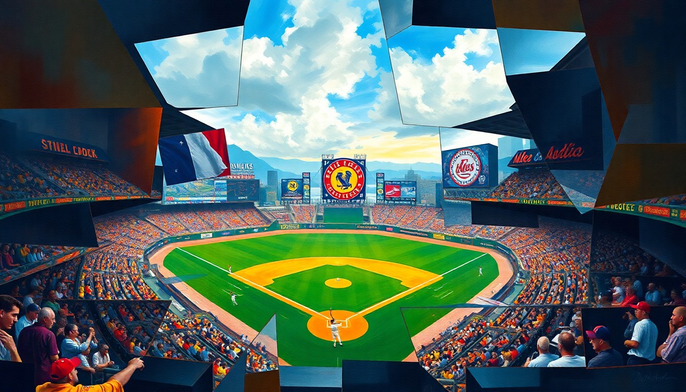 A cubist, geometric painting depicting a baseball game or match, with overlapping planes and shapes representing the different perspectives and dynamics at play in the Giants