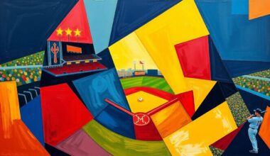A fractured, geometric painting in vibrant colors depicting the dynamic movements and plays of a baseball game, with sharp, overlapping planes representing the strategic complexity of the sport.
