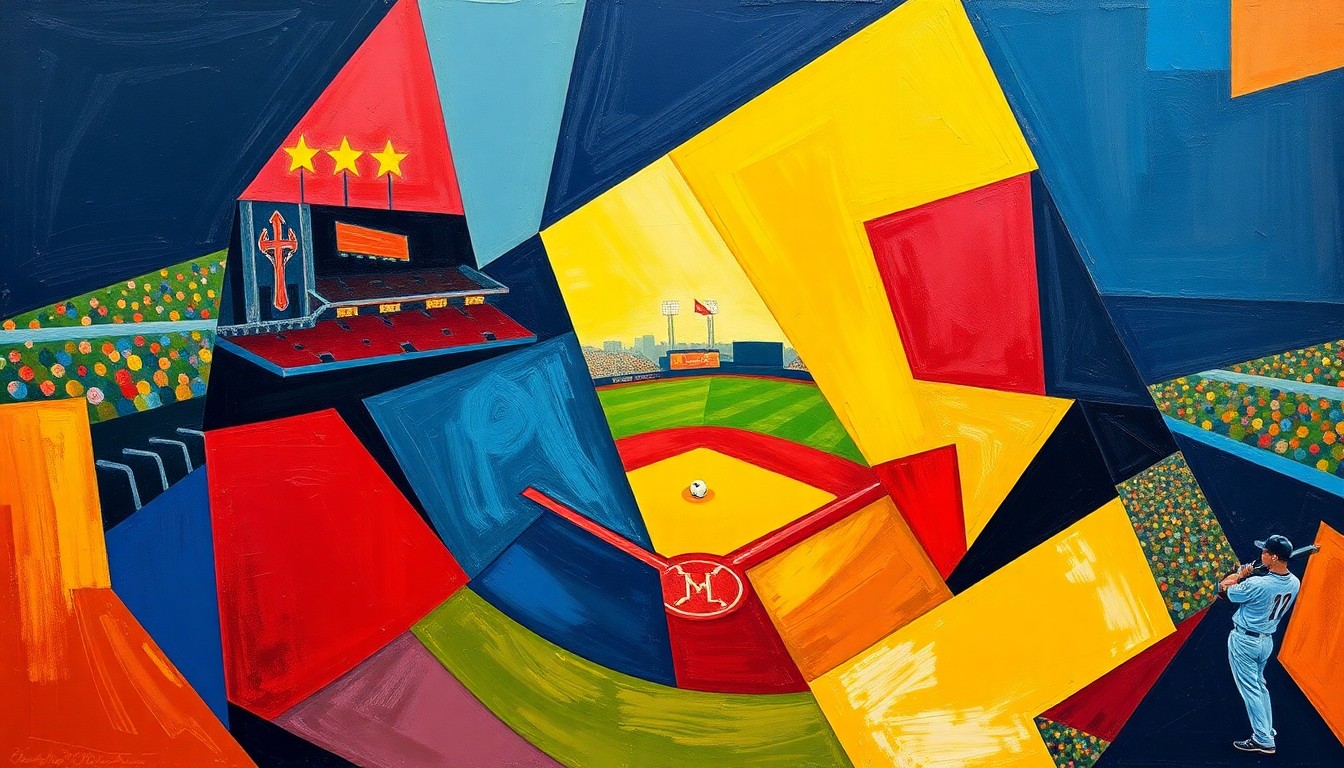 A fractured, geometric painting in vibrant colors depicting the dynamic movements and plays of a baseball game, with sharp, overlapping planes representing the strategic complexity of the sport.