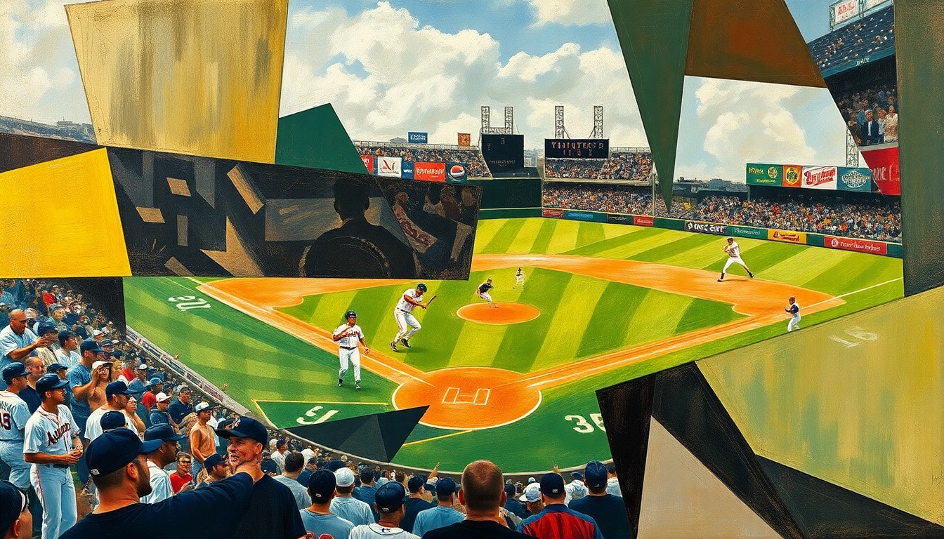 A fragmented, geometric painting depicting a baseball game or match, with the players and field broken down into sharp, overlapping planes of color and abstract shapes, conveying the complexity and high stakes of the Phillies