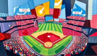 A fragmented, geometric painting depicting a baseball game between the Cincinnati Reds and Los Angeles Angels, with sharp planes of color and overlapping shapes conveying the intensity of the competition.