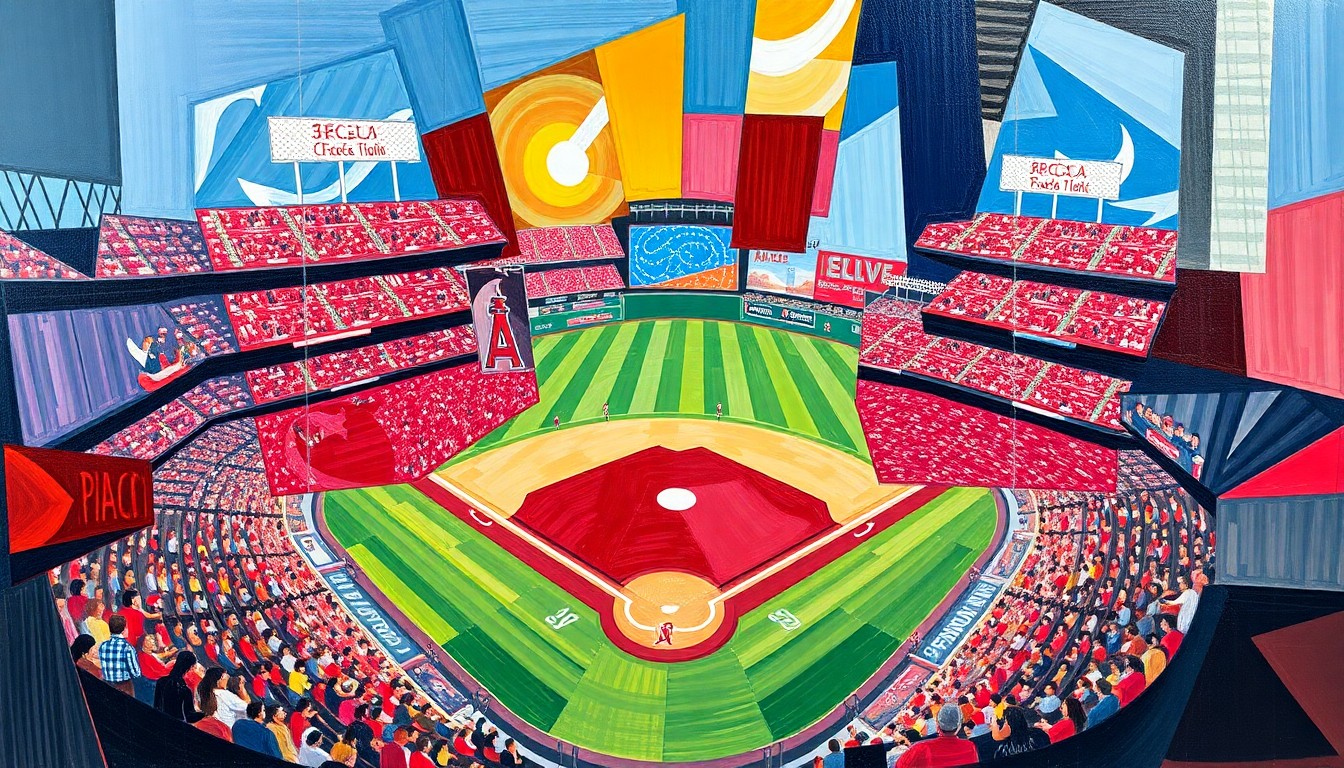 A fragmented, geometric painting depicting a baseball game between the Cincinnati Reds and Los Angeles Angels, with sharp planes of color and overlapping shapes conveying the intensity of the competition.