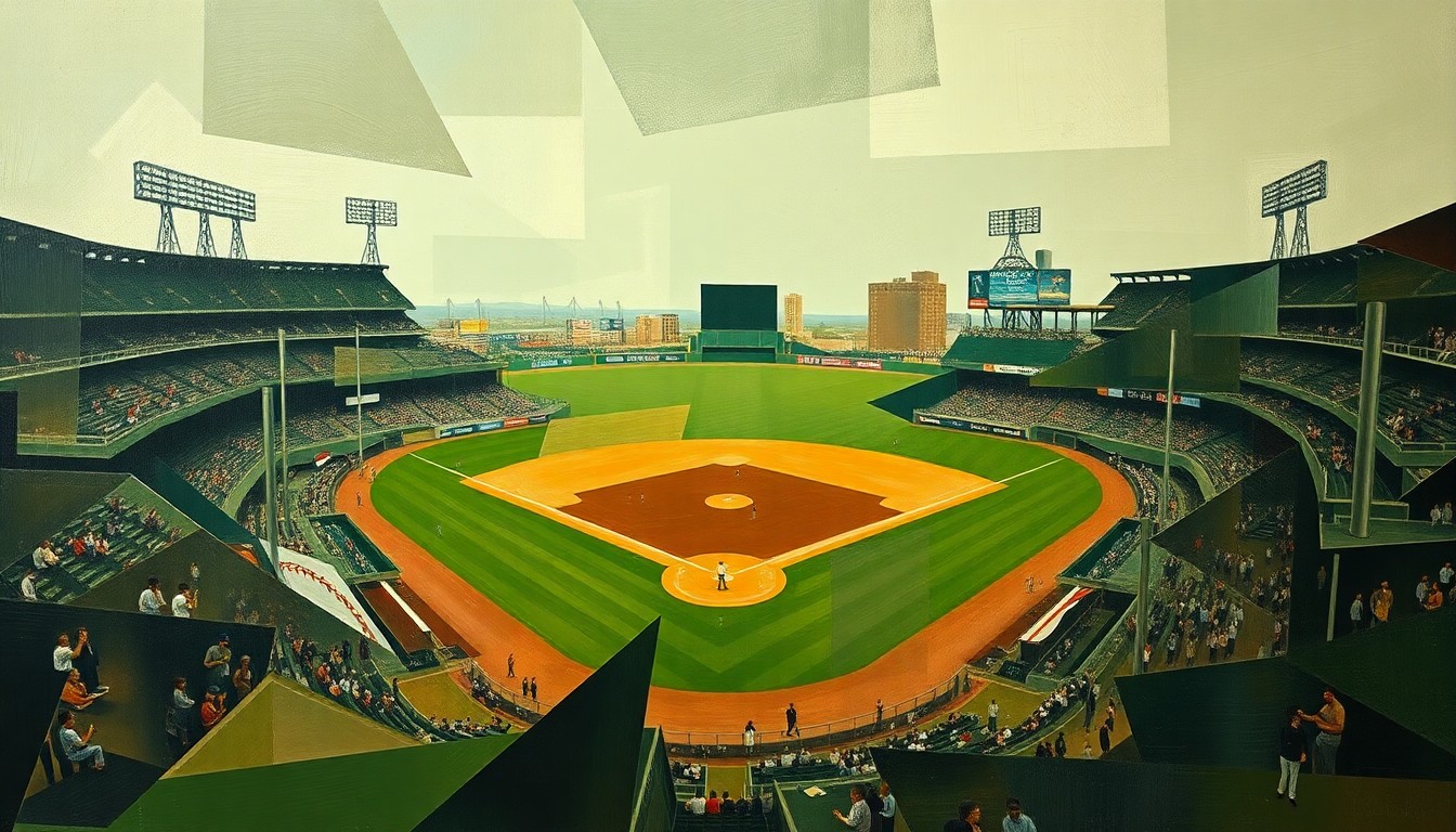 A cubist-style painting featuring overlapping geometric shapes and planes in muted tones, representing the contrasting elements of the Phillies