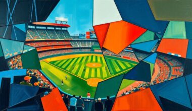 A cubist-style painting depicting a baseball game or match, with the players and field broken down into sharp, overlapping geometric shapes in a vibrant color palette, conveying the strategic complexity of roster management in professional baseball.