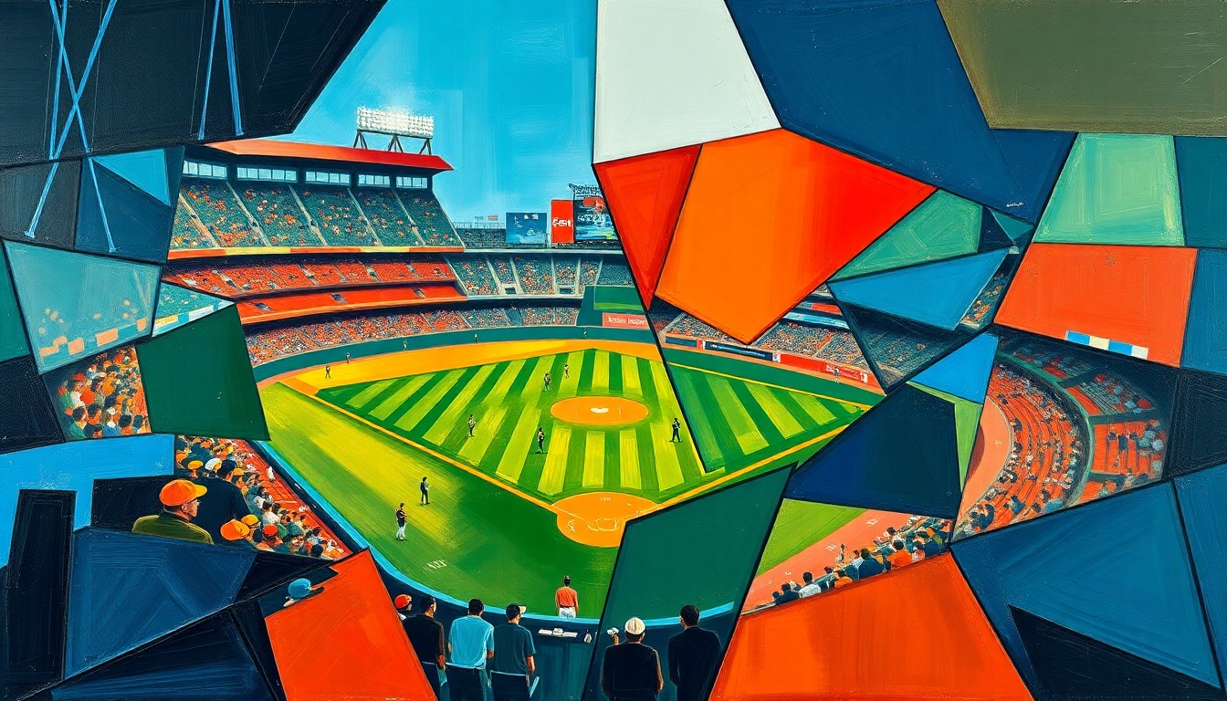 A cubist-style painting depicting a baseball game or match, with the players and field broken down into sharp, overlapping geometric shapes in a vibrant color palette, conveying the strategic complexity of roster management in professional baseball.