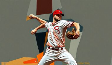 A fractured, multi-perspective painting depicting the pitching motion of Cincinnati Reds pitcher Chase Burns, broken down into sharp, overlapping geometric shapes and planes, conceptually representing his dominant early-season performance.