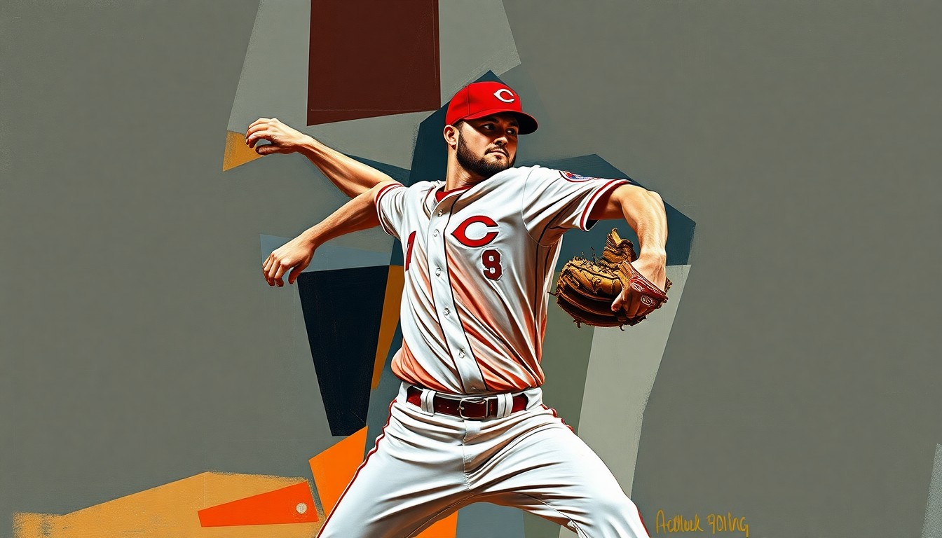 A fractured, multi-perspective painting depicting the pitching motion of Cincinnati Reds pitcher Chase Burns, broken down into sharp, overlapping geometric shapes and planes, conceptually representing his dominant early-season performance.