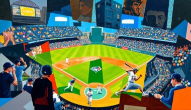 A fragmented, geometric painting depicting a baseball game in progress, with the players and field rendered as abstract shapes and colors, capturing the dynamic energy and cultural diversity of the Toronto Blue Jays.