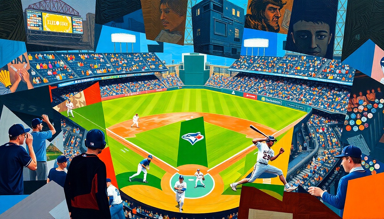 A fragmented, geometric painting depicting a baseball game in progress, with the players and field rendered as abstract shapes and colors, capturing the dynamic energy and cultural diversity of the Toronto Blue Jays.