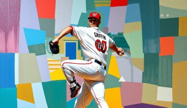 A fractured, geometric painting depicting the motion of a baseball pitcher, with sharp planes of navy blue, red, and white representing the colors of the Washington Nationals and Yomiuri Giants, the Japanese team Griffin played for, conceptually illustrating the complexities of his career path.